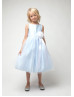 A-line Satin Tulle Knee Length Flower Girl Dress With Flower Sash